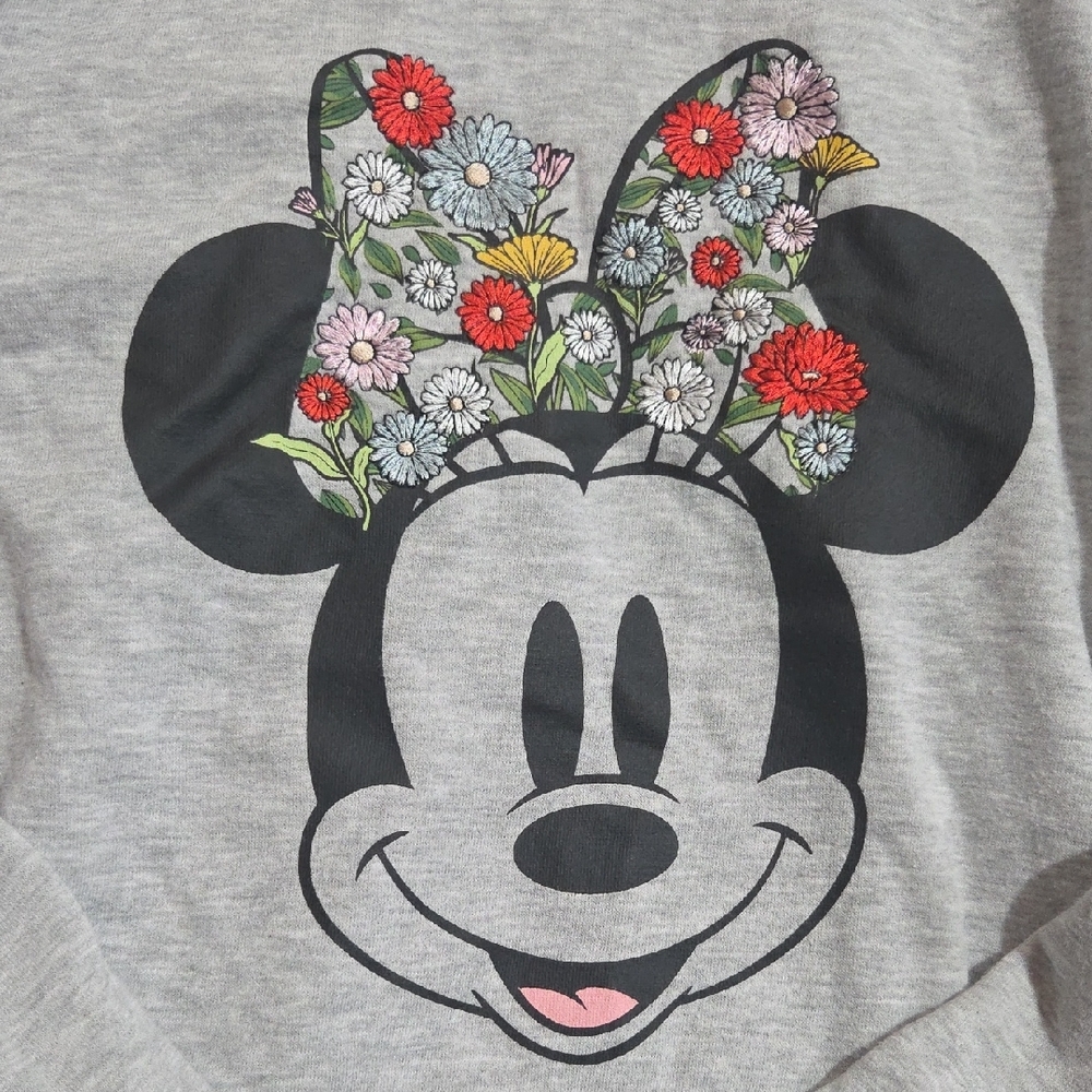 Disney Minnie Mouse Heather Gray Hoodie With Embroidered Flowers - Picture 2 of 4